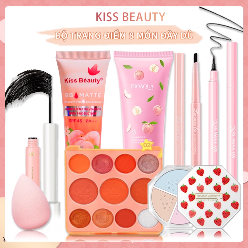 Bộ Trang Điểm 8 Miếng Kiss Beauty BB Cream + Phấn Phủ + Kẻ Mắt + Mascara + Trứng Trang Điểm + Sữa Rửa Mặt KB-T8