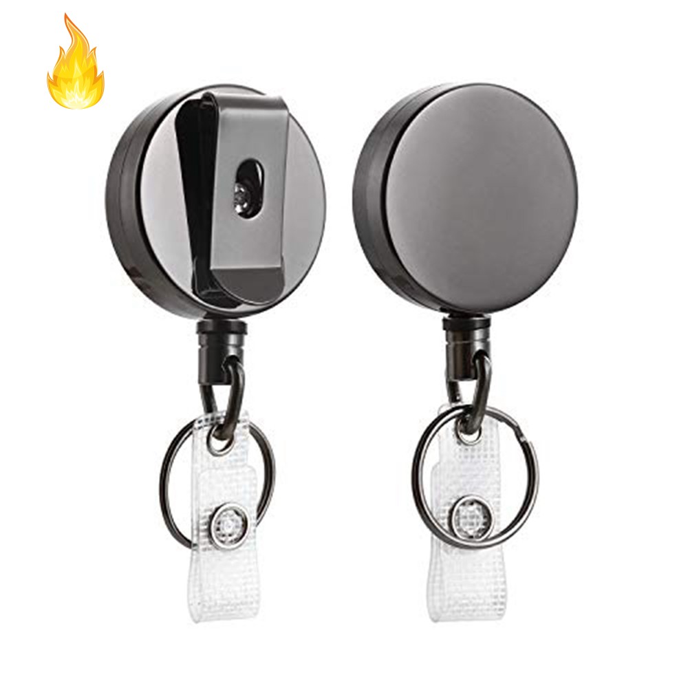 2 Pack Heavy Duty Retractable Badge Holder Reel,Metal ID Badge Holder with Belt Clip Key Ring for Name Card Keychain Black