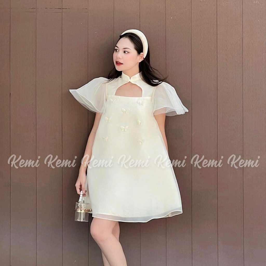 Váy 2 dây tơ hồng đính hoa tay phồng rớt vai Kemi dáng tiểu thư sẵn 3 màu mới