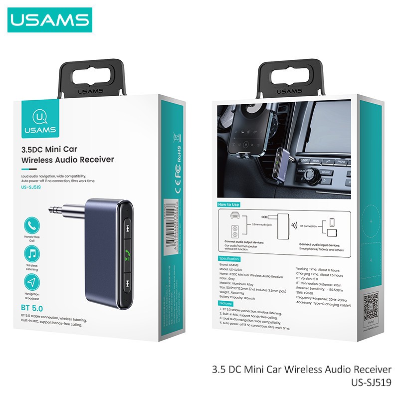 Usams Thiết Bị Nhận Tín Hiệu Âm Thanh Bluetooth Đầu Cắm 3.5mm Cho Xe Ô Tô