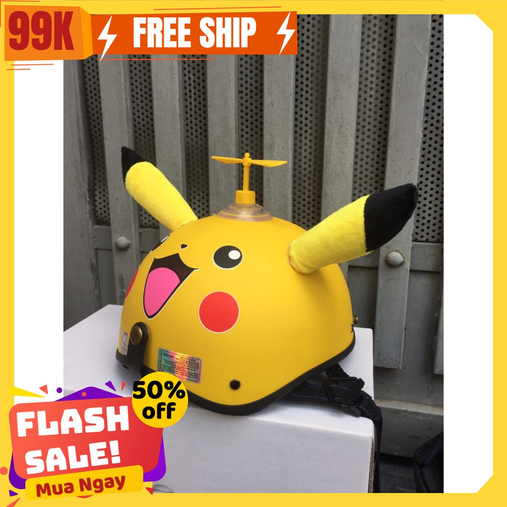 mũ bảo hiểm nửa đầu 1/2 pikachu kèm tai + chong chóng và kính chống bụi