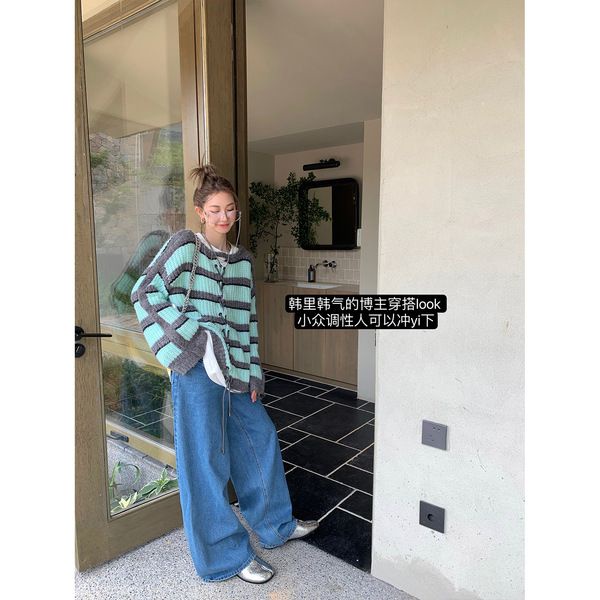 Khu Vực Ouyang Áo Sweater Dệt Kim Hai Lớp Trước Và Sau Kẻ Sọc Dáng Rộng Phong Cách Lười Mùa Thu Cho Nữ