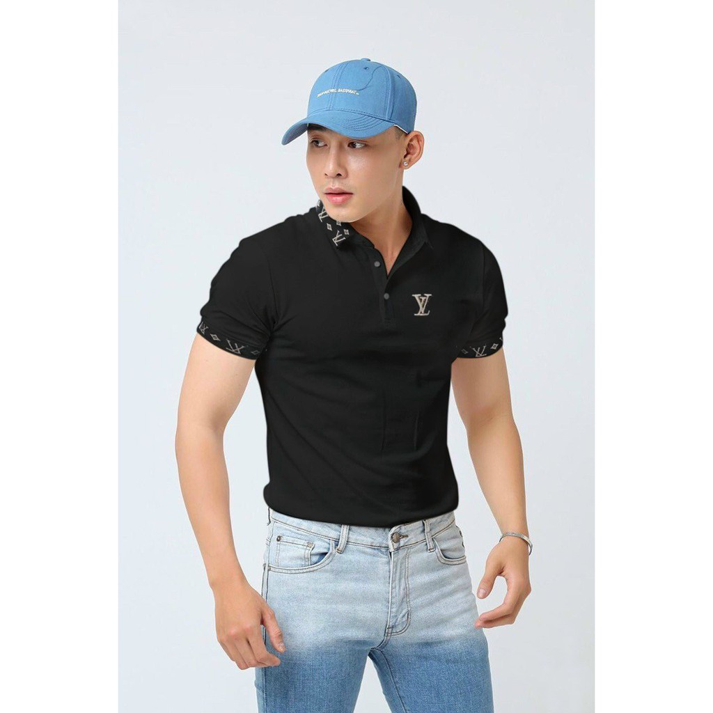Áo thun nam có cổ tay ngắn thêu LVV vải thun cotton xịn mềm mịn co giãn chống nhăn skymen fashion - ATN17