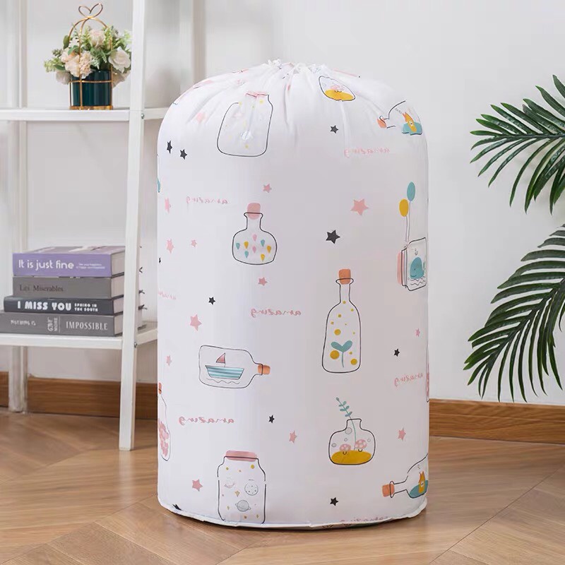 Túi Vải Đựng Chăn Màn Ga Gối Dây Rút, Bao Đựng Quần Áo Chống Nước Hình Trụ Tròn Size Lớn
