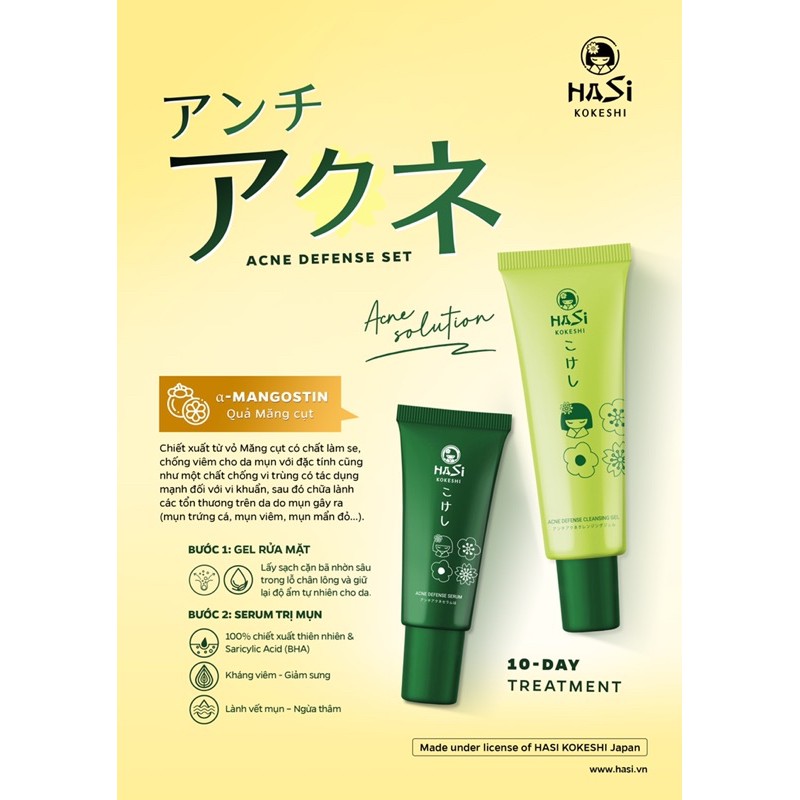 Combo Dưỡng cho da mụn Hasi Kokeshi Japan [Set: Gel rửa mặt 30ml-Serum 10ml + Chấm mụn 5ml]