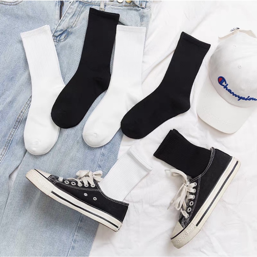 Tất vớ cổ cao dài Trơn cotton 2 màu trắng đen thời trang unisex nam nữ dáng thể thao cao cấp