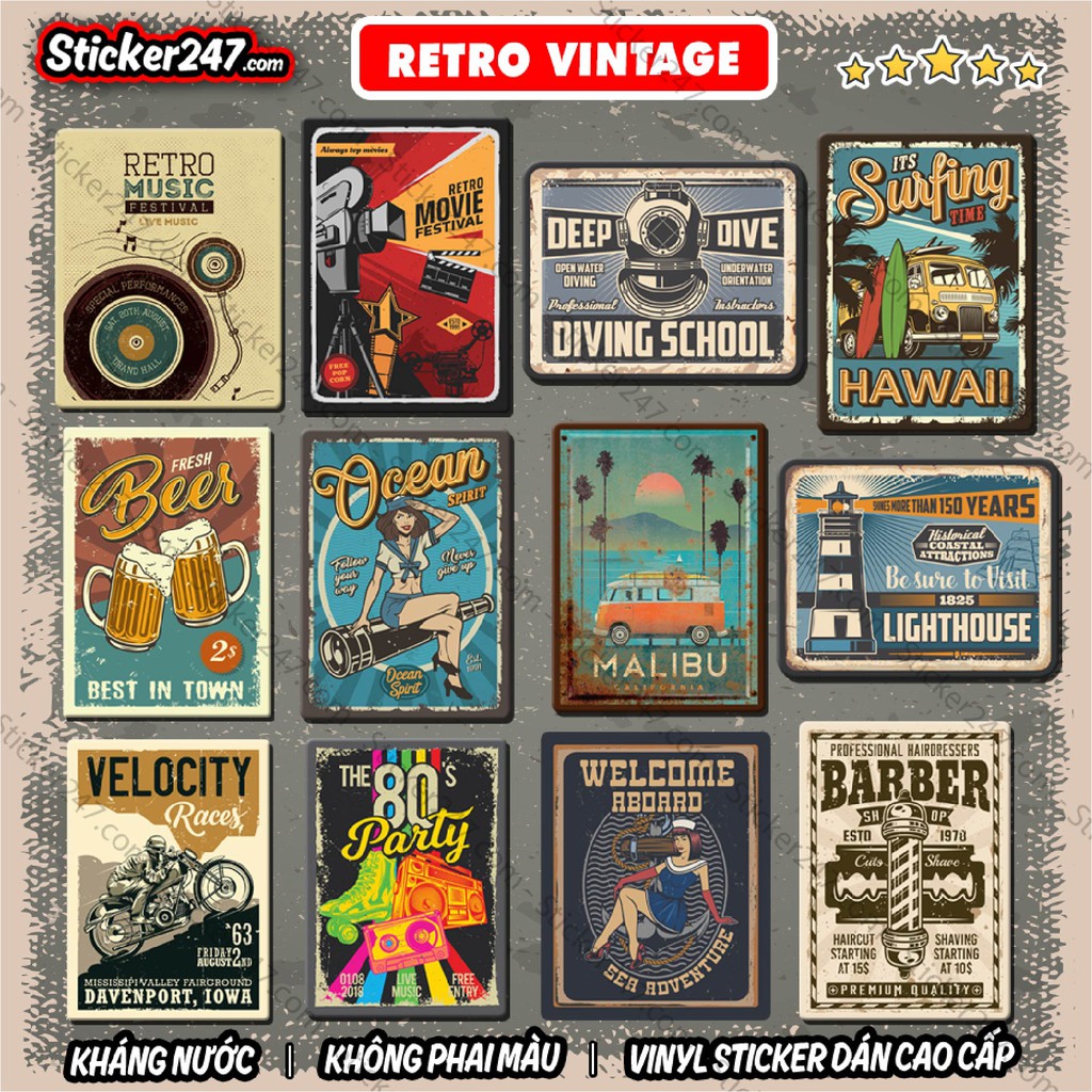 Sticker Vintage Retro 𝑭𝒓𝒆𝒆𝒔𝒉𝒊𝒑 chống nước, sticker dán laptop, ipad, điện thoại, đàn guitar, mũ bảo hiểm,vali