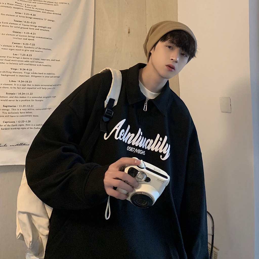 Áo Sweater Tay Dài Dáng Rộng Có Khóa Kéo Phong Cách Hồng Kông Cá Tính Cho Nam