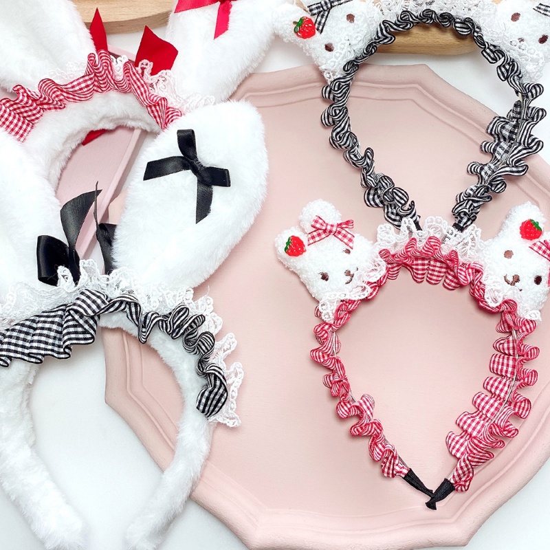 Băng Đô Tai Thỏ Họa Tiết Sọc Caro Phối Lông Xù Dành Cho Nữ