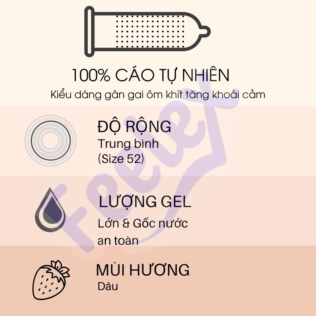 Bao cao su gai Feelex 2 in 1 gân gai, nhiều gel, kéo dài hương dâu hộp 10c bcs