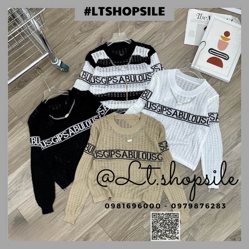 Áo len lưới  dài tay cổ tròn rách tua rua