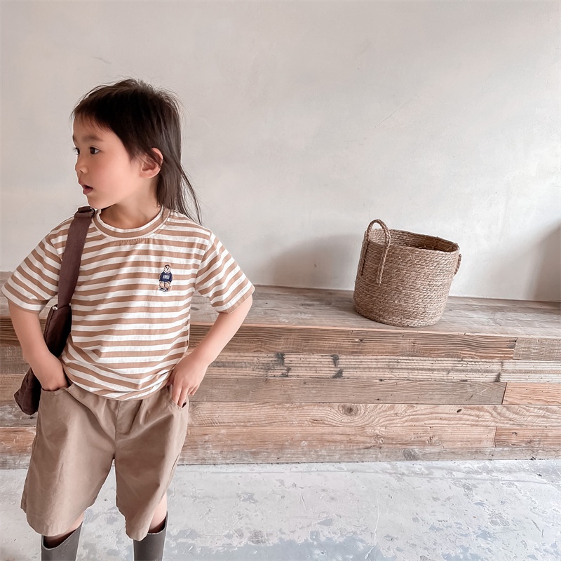 Áo Thun Tay Ngắn Cổ Tròn Kẻ Sọc Thêu Hình Gấu Dễ Thương Cho Bé 1-5 Tuổi