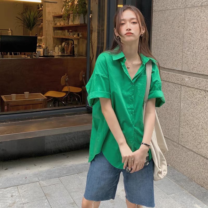 Áo Sơ Mi Nữ Labobo Áo Sơ Mi Nữ Kiểu Dáng Oversize Form Rộng Tay ngắn Vintage Đẹp Kiểu Hàn Quốc xanh