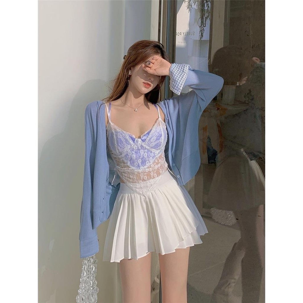 Set Áo Hai Dây + Chân Váy Chữ A Lưng Cao Xếp Ly Thời Trang 2021