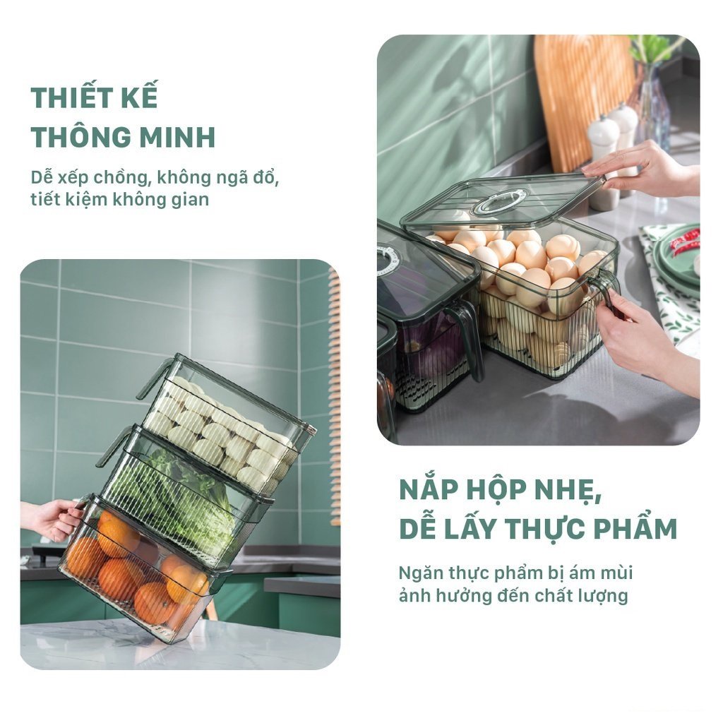 Hộp Đựng Thực Phẩm Tủ Lạnh Có Tay Cầm Kèm Khay Lọc Nước, Chất Liệu An Toàn, Chắc Chắn