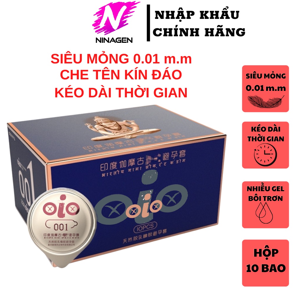 Bao cao su siêu mỏng OiO 001 xanh kéo dài thời gian nhiều gel bôi trơn chống xuất tinh sớm Hộp 10 bcs NinaGen