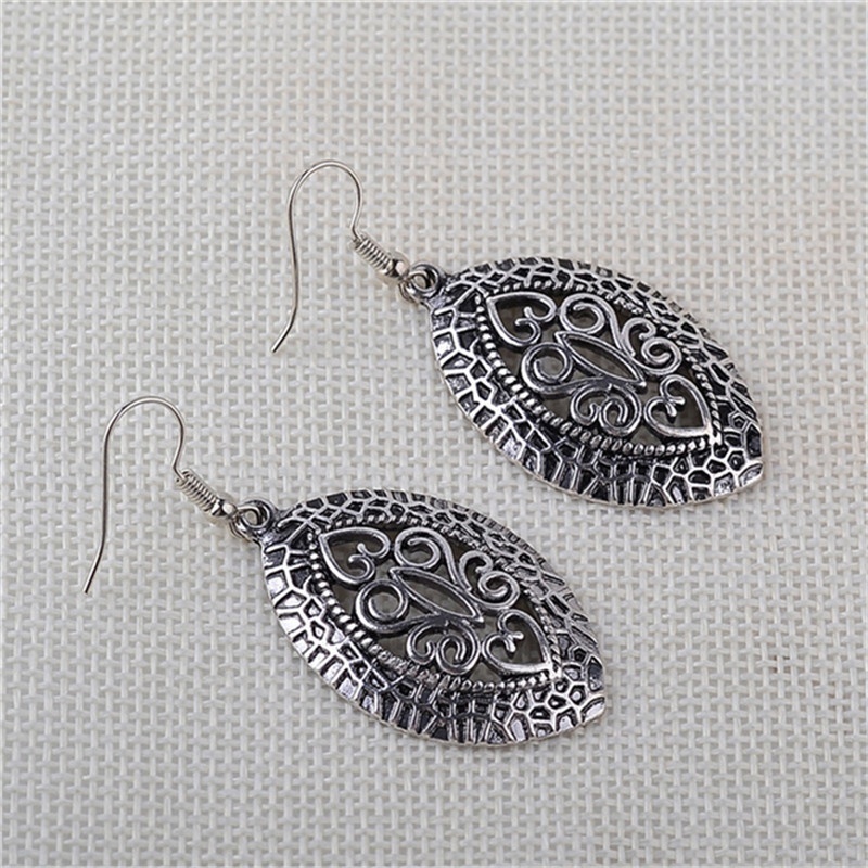 Women Simple Jewelry Bohemia Fashion Silver Hollow Carved Water Drop Earrings Gift