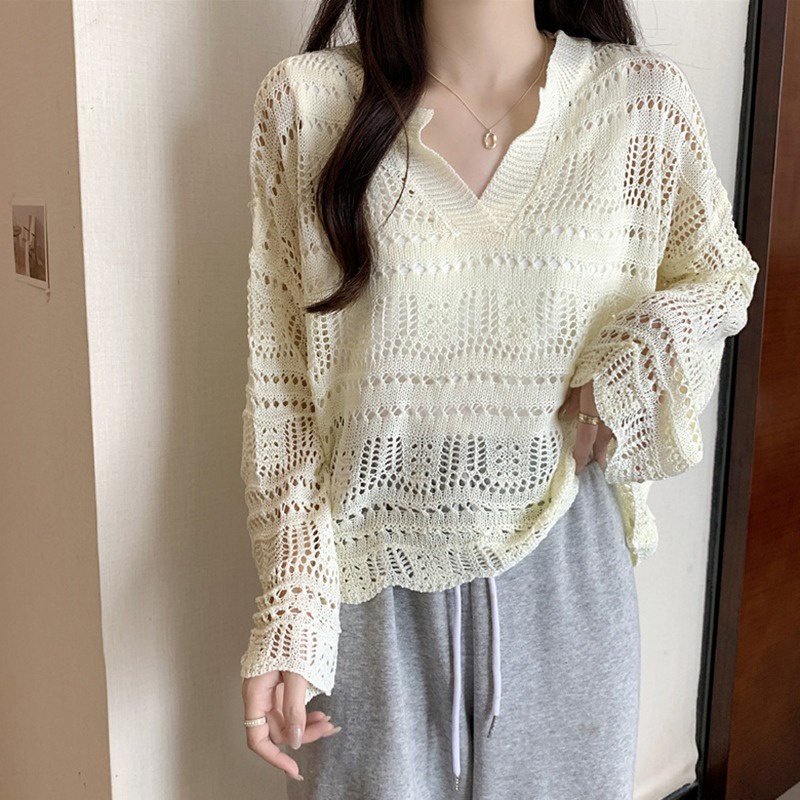 Áo Len Tay Dài Cổ Chữ V Màu Sắc Đơn Giản