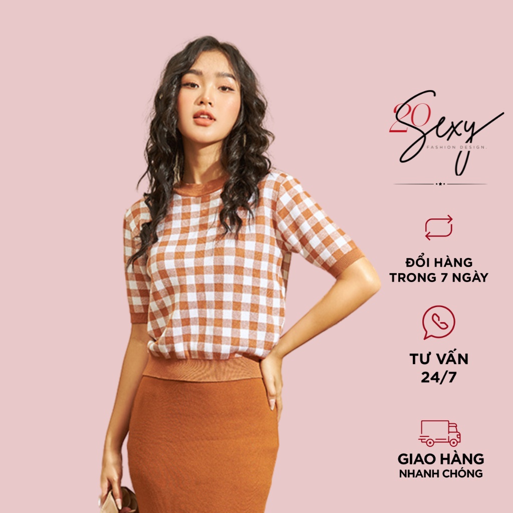 Áo len nữ ngắn tay cổ tròn 20SEXY ,  phong cách Hàn Quốc trẻ trung, họa tiết caro cá tính  ALA0056 | BigBuy360 - bigbuy360.vn