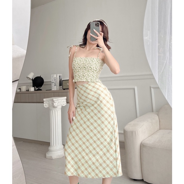 CHEERS - Chân váy dài caro vintage, 2 lớp, lót lụa