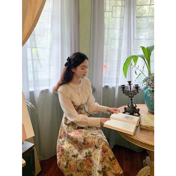 Set váy vintage dáng dài Miahouse đầm công chúa kết hợp áo sơ mi ren nữ Retro Pháp | BigBuy360 - bigbuy360.vn