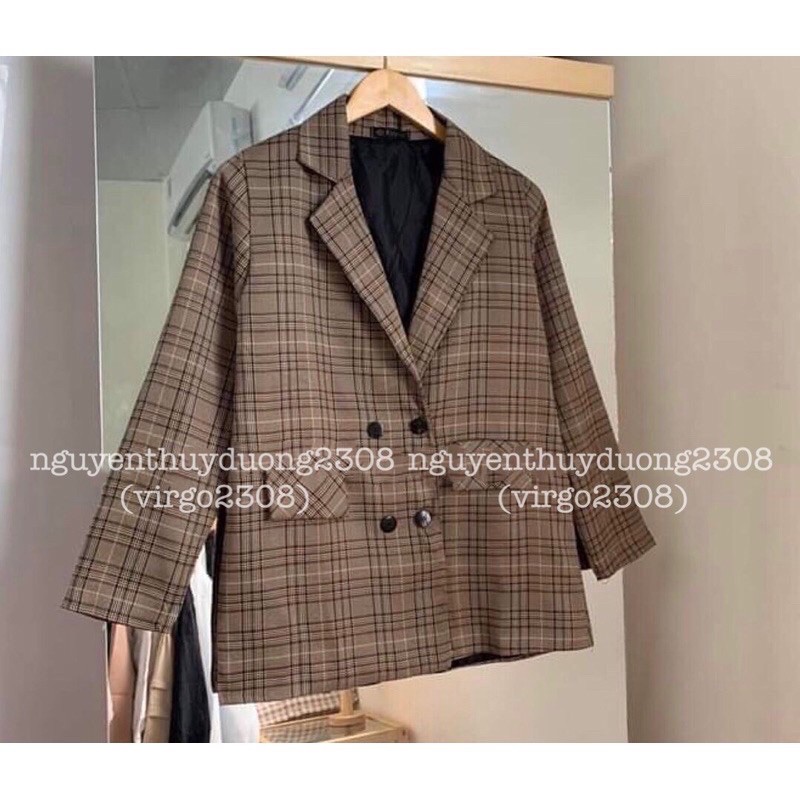 [Ảnh thật/Video]Áo blazer kẻ nâu 4 cúc Hàn Quốc/Áo blazer 2 lớp nắp túi màu kẻ nâu | BigBuy360 - bigbuy360.vn