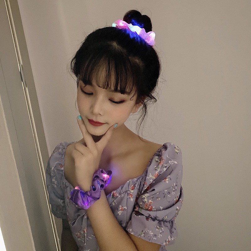 Dây Buộc Tóc Scrunchies Phát Sáng kiểu Hàn Quốc Cute Bằng Vải,Có Đèn Led Phát Sáng Siêu Đẹp, Dây Thun Co Giãn