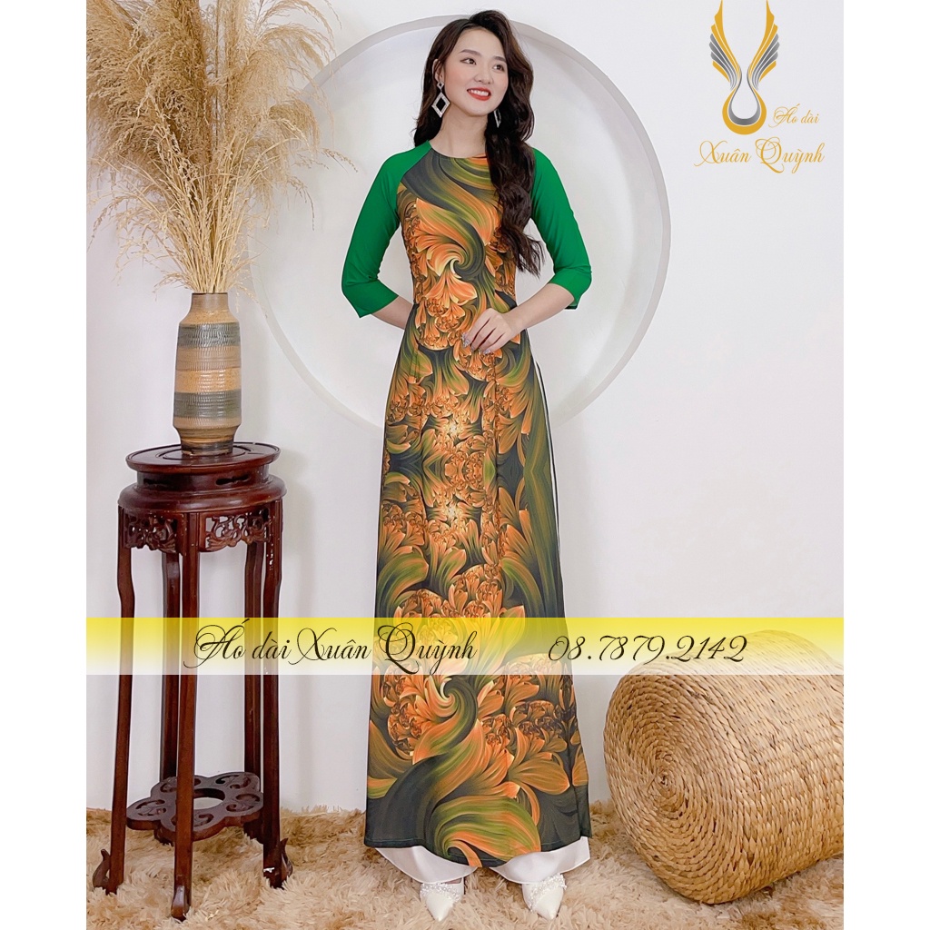Áo Dài Truyền Thống Họa Tiết Hoa Sóng Cuốn, Sang Trọng Nổi Bật Lụa Habutai K95 - Áo Dài Xuân Quỳnh
