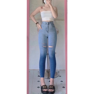 Jeans dài lưng cao co giãn loan màu rách 3line