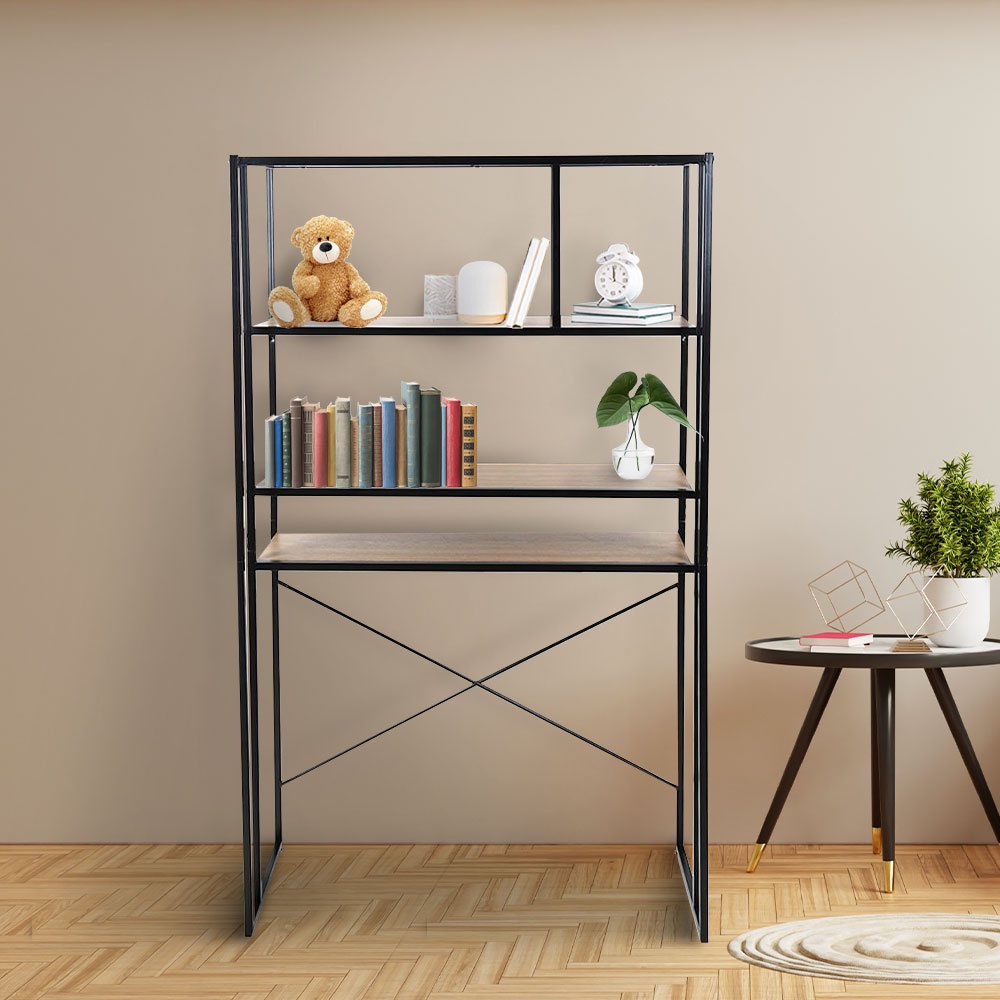 HomeBase FURDINI Bộ kệ kết hợp bàn làm việc bằng MDF/thép nhiều ngăn W110xH180xD46.50cm màu sồi và Đen
