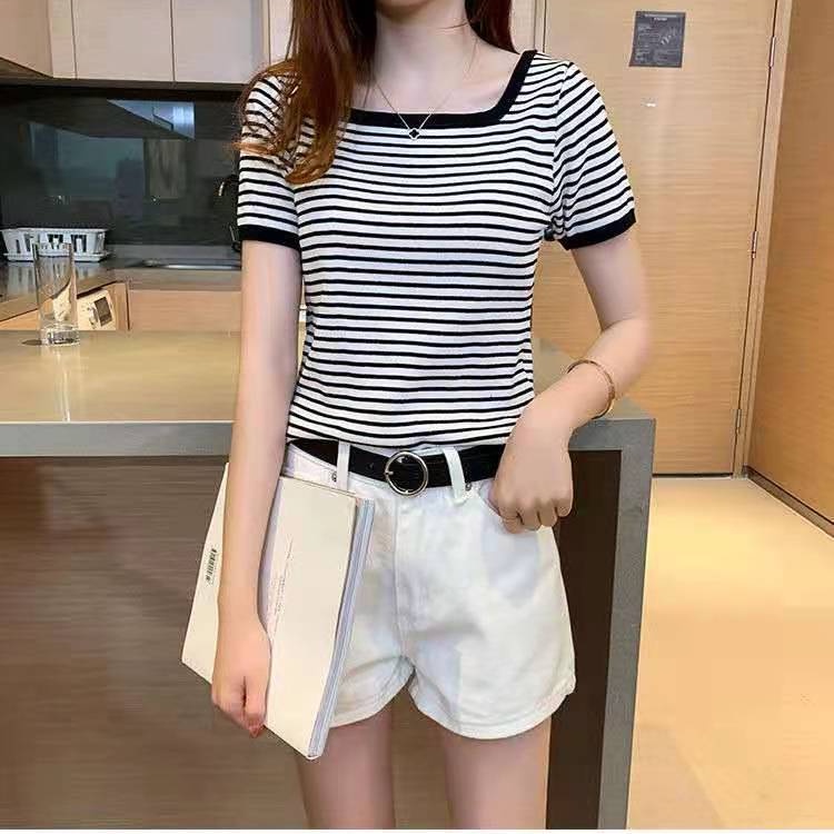 Áo Thun cotton Ngắn Tay Họa Tiết Kẻ Sọc Hàn Quốc Áo phông Nữ NZ-TX-386