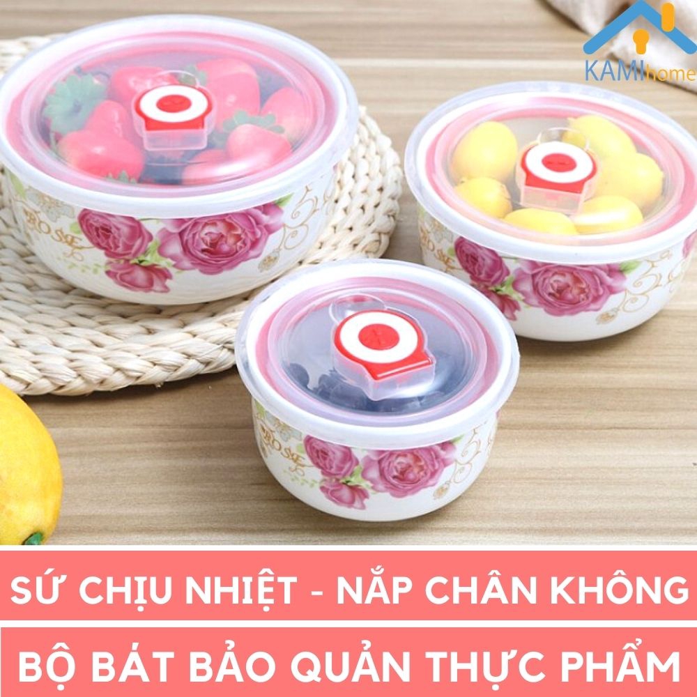 Hộp đựng cơm văn phòng gồm 3 bát Sứ chịu nhiệt-Nắp chống tràn bảo quản thực phẩm mã 20020