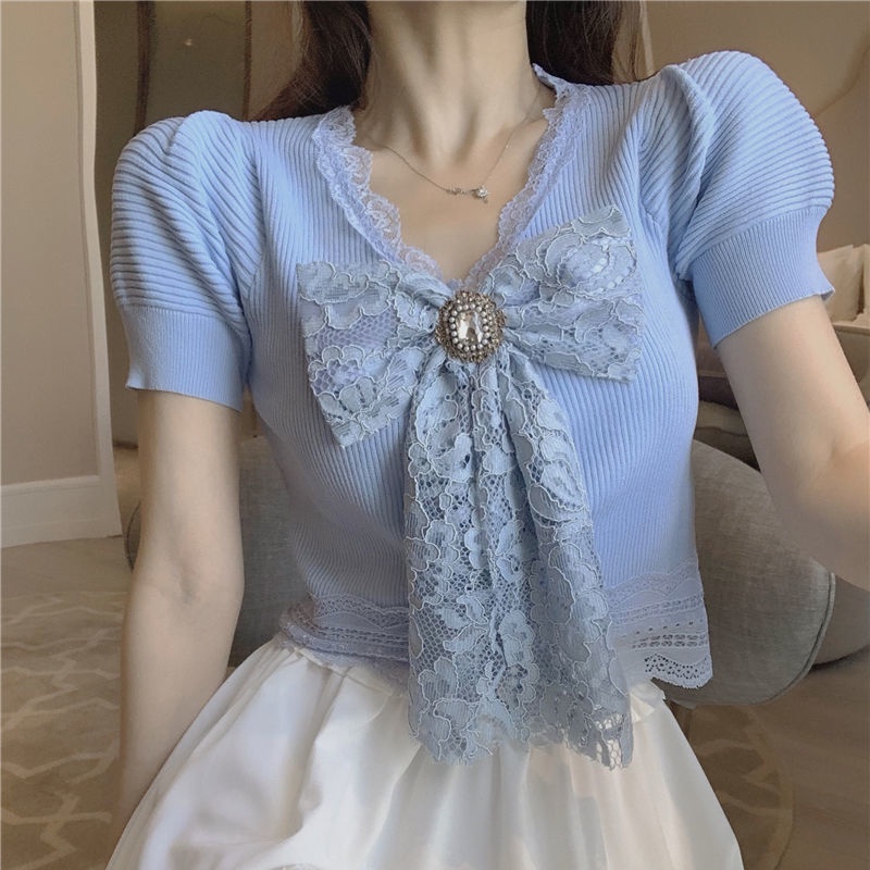 Áo Thun Ngắn Tay Lưng Cao Phối Ren Đính Nơ Thời Trang Cho Nữ  tao bao