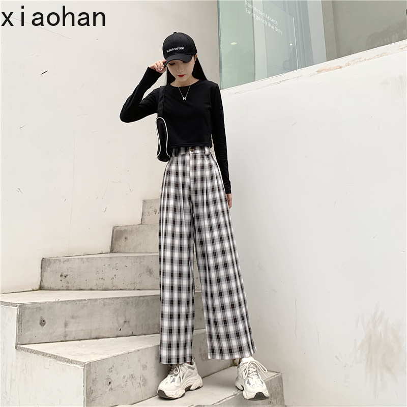 Xiaohan Lattice Wide-leg Pants Women's Drape Loose Straight Mopping High Waist Casual Trousers Gingham Plaid Pants