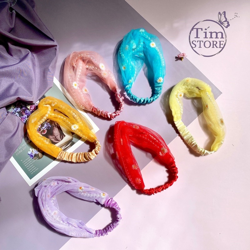 Băng đô turban vải cúc thêu phối ngọc trai giả TÍM STORE phong cách hàn quốc phụ kiện tóc dễ thương
