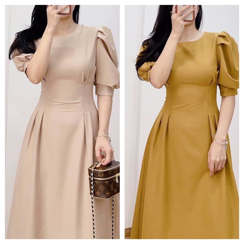 Váy li eo tay bồng cổ tròn
