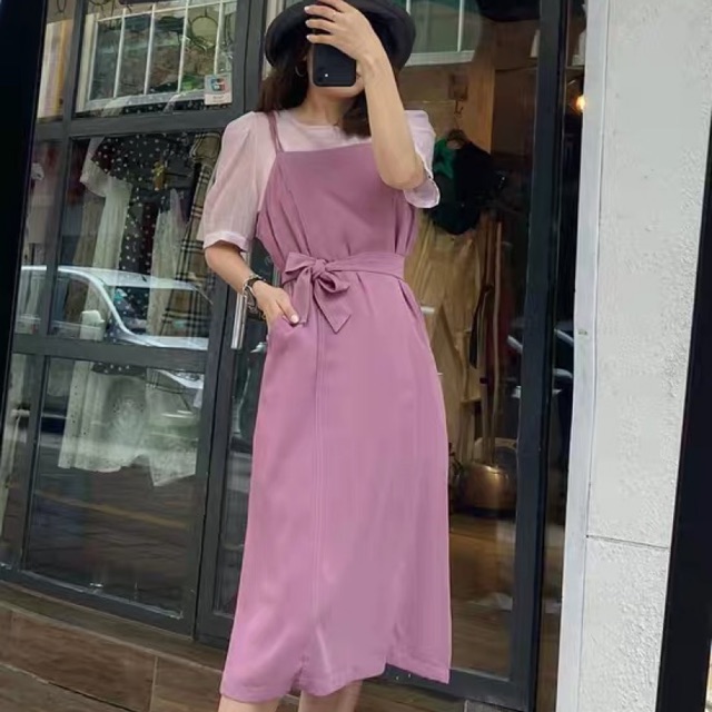 Set váy hai dây yếm kèm áo sơ mi tay bồng Ulzzang style  Hàng Quảng Châu
