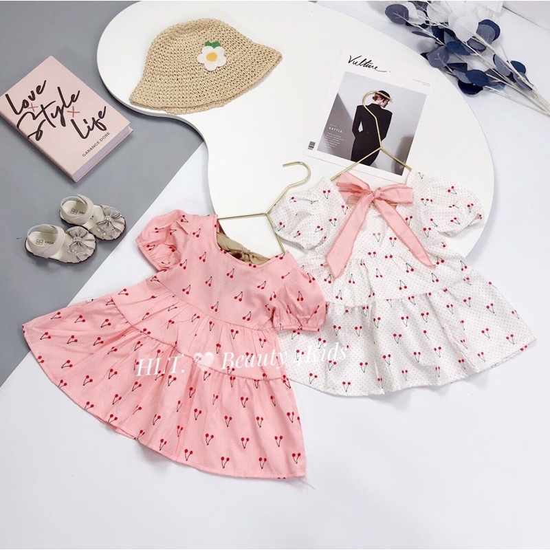 Váy cho bé gái, váy hoa nhí cộc tay mùa hè, đầm babydoll buộc nơ cho bé Zalackids