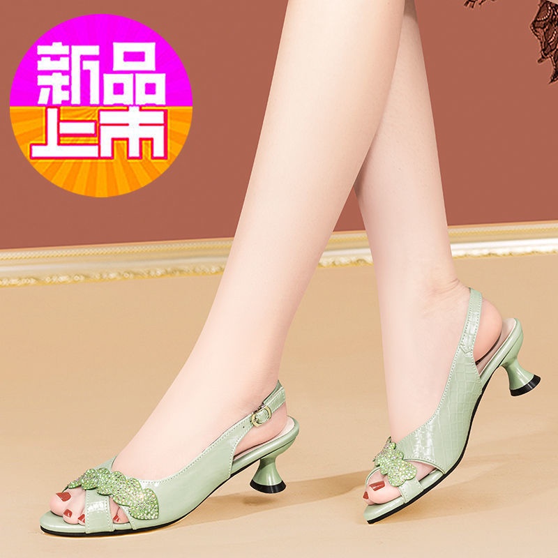 Giày Sandal Da Thật Hở Mũi Đính Đá Thời Trang 2022 Cho Nữ