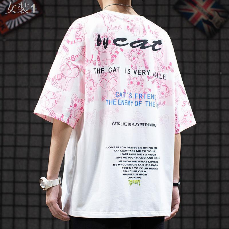 ♕☃◈Phong cách Harajuku mới của Nhật Bản hoạt hình mèo cà vạt-nhuộm vài quần áo mùa hè cho học sinh xu hướng đườ