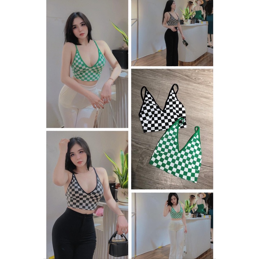 Áo kiểu 2 dây croptop phối màu caro cực xinh , chất thun gân mềm mịn