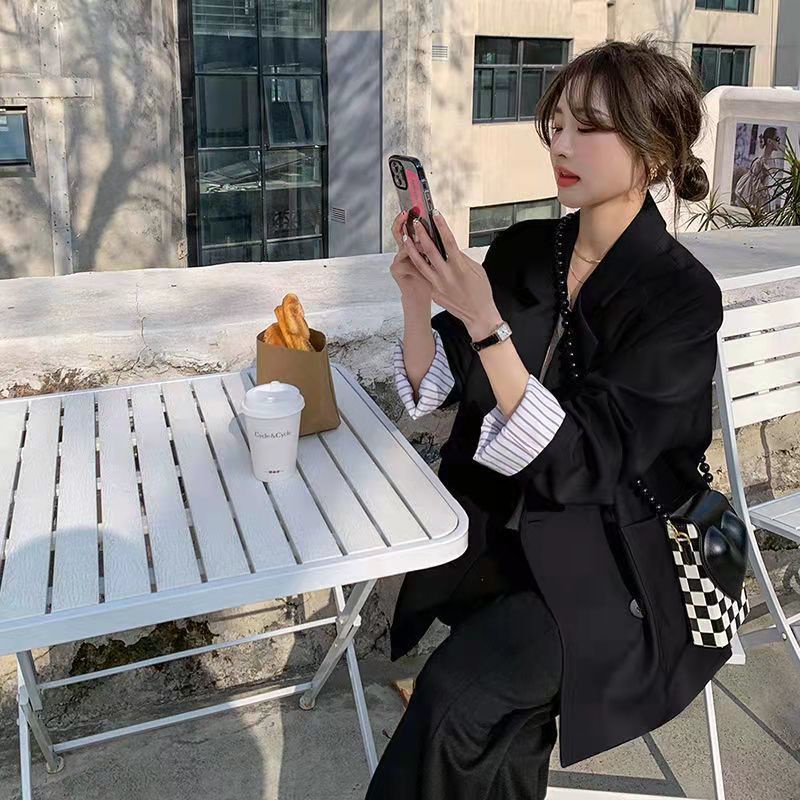 Áo Khoác Blazer Hai Hàng Nút Cài Dáng Rộng Cỡ Nhỏ Màu Sắc Tương Phản Phong Cách Hàn Quốc Thời Trang Xuân Thu 2023