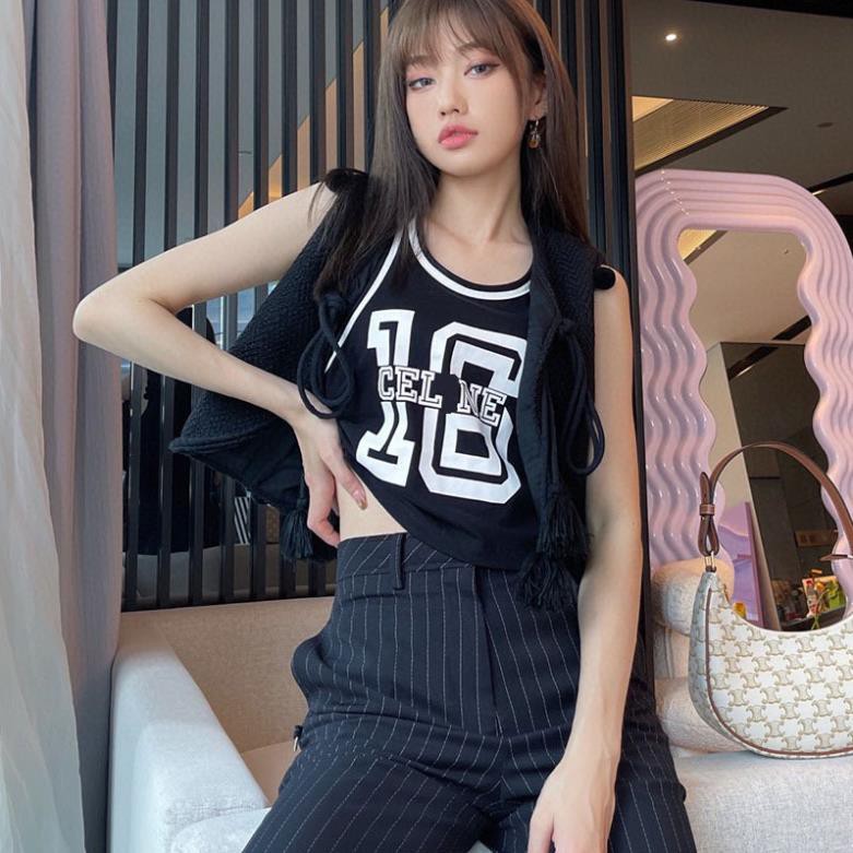 Áo ba lỗ hai dây bản to dáng croptop thun rộng họa tiết số 16 mặc nhà thể dục thể thao năng động màu trắng đen basic