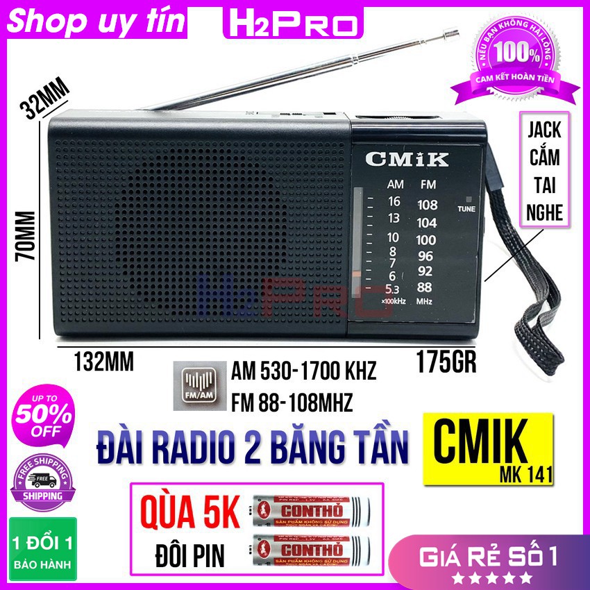 Đài radio FM-AM CMIK MK141 H2Pro có jack cắm tai nghe, đài fm-am bỏ túi nhỏ gọn, sang trọng (tặng đôi pin A