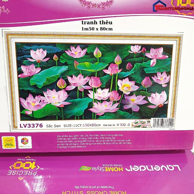 Tranh đính đá, tranh thêu chữ thập đầm sen 1m x 65cm - 1m50 x 80cm