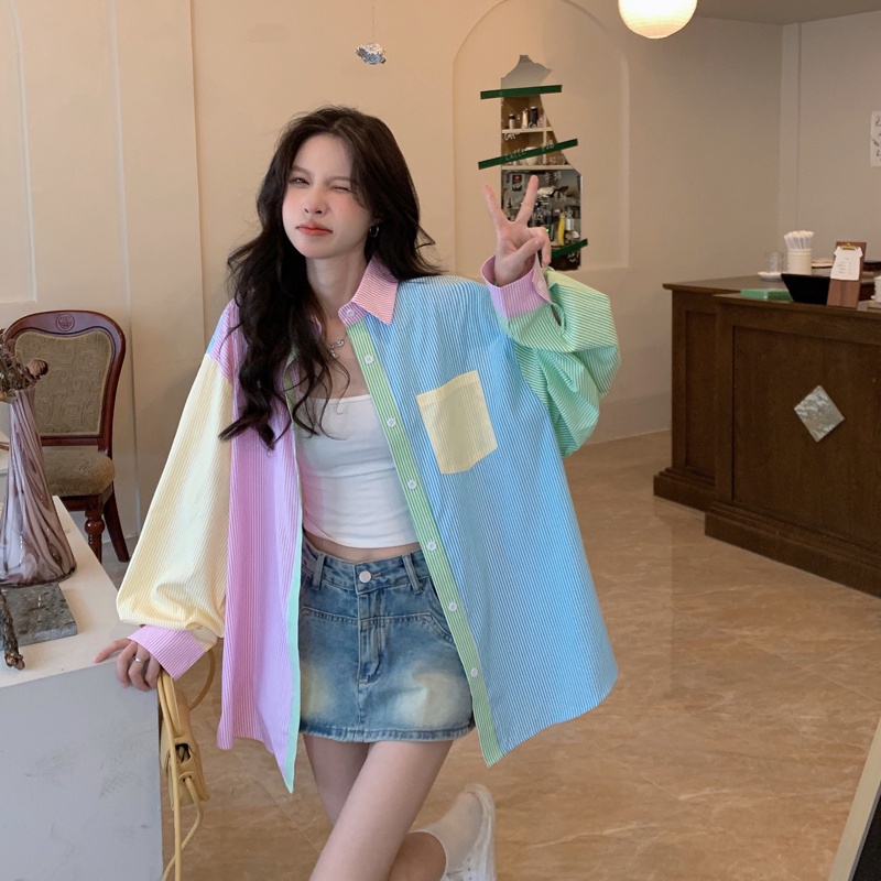 Áo sơ mi ZHELIHANGFEI thiết kế màu tương phản nổi bật thời trang dành cho nữ