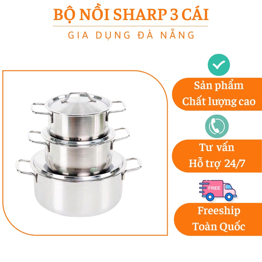 Bộ nồi Sharp 3 cái  HÀNG CAO CẤP  bộ nồi 3 cái thiết kế nắp inox, đậy rất kín, giúp giữ nóng lâu