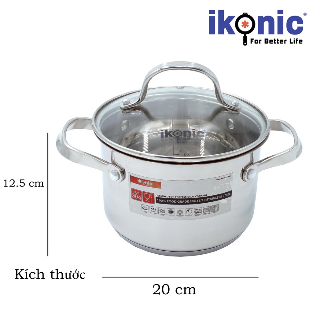 Nồi Inox có nắp kính IKONIC IK55 Siêu bền Inox 304 18/10 chống ăn mòan, đáy nồi 5 lớp dùng cho mọi loại bếp, quai đinh