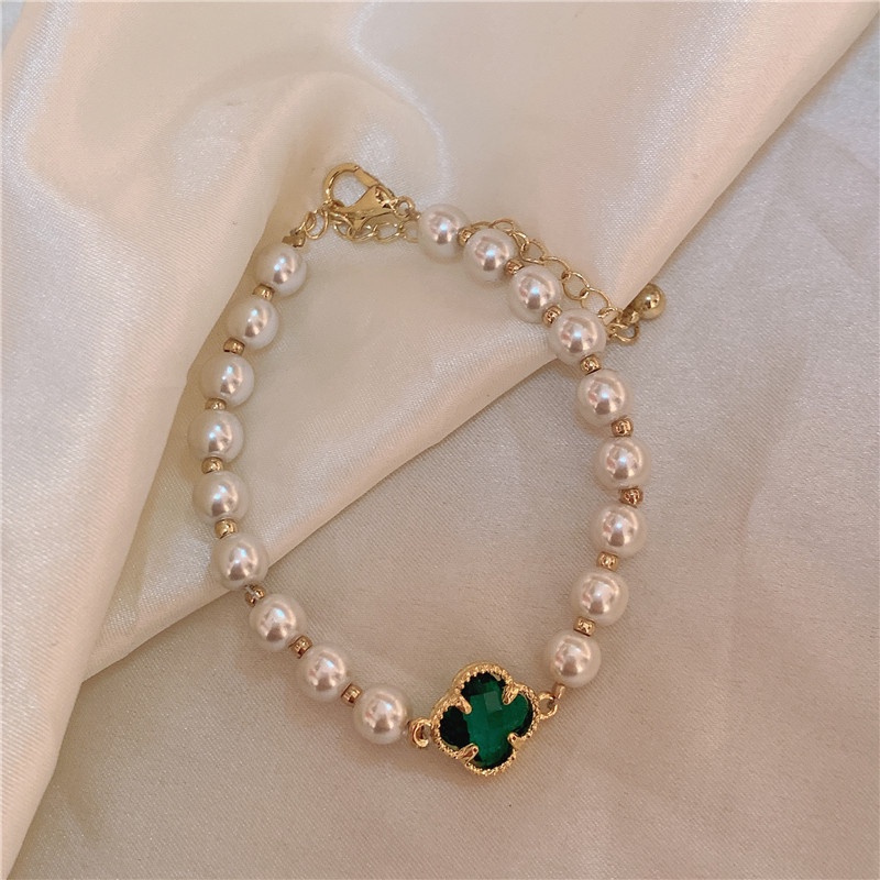Lắc Tay Hạt Châu Charm Đá Cỏ 4 Lá - Vani Store [TS000597]