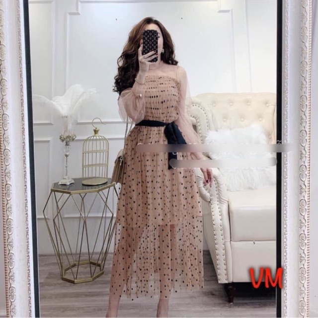 Đầm ren chấm bi xoè dáng midi be pha dây nơ eo đen, váy thời trang nữ thanh lịch